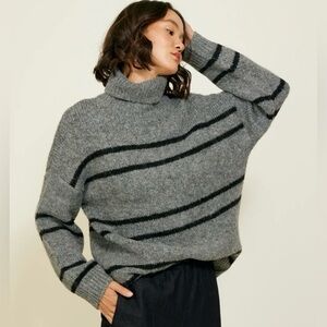 Line & Dot Striped Grey and Black Wool Turtleneck Veronica Sweater